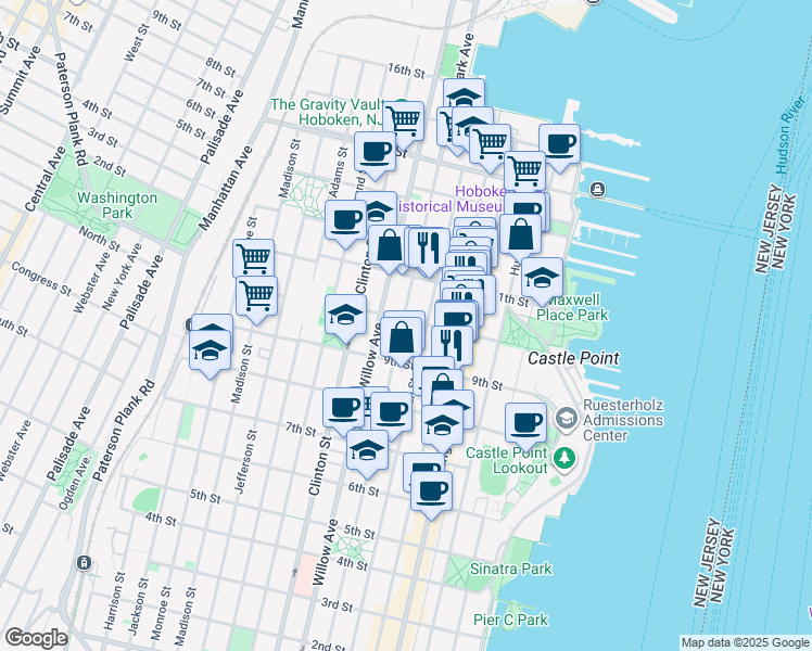 map of restaurants, bars, coffee shops, grocery stores, and more near 1000 Garden Street in Hoboken