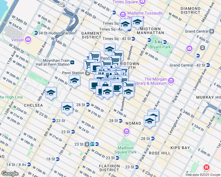 map of restaurants, bars, coffee shops, grocery stores, and more near 125 West 31st Street in New York