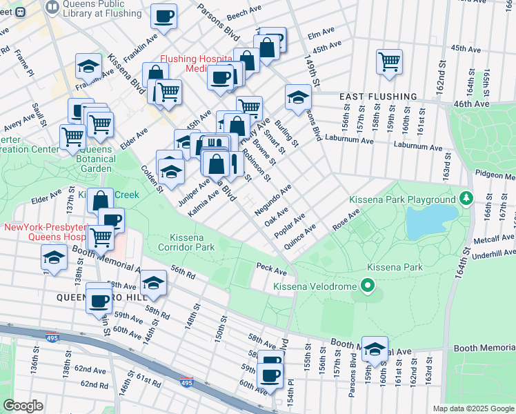 map of restaurants, bars, coffee shops, grocery stores, and more near 140-16 Mulberry Avenue in Queens