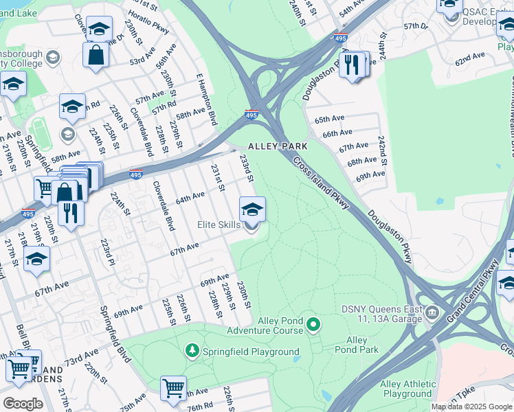 map of restaurants, bars, coffee shops, grocery stores, and more near 50 233rd Street in Queens