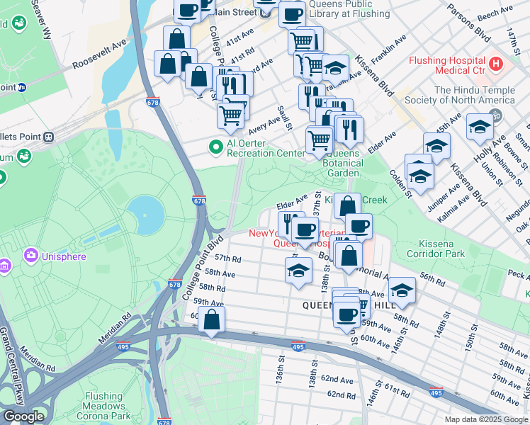 map of restaurants, bars, coffee shops, grocery stores, and more near 55-07 133rd Street in Queens