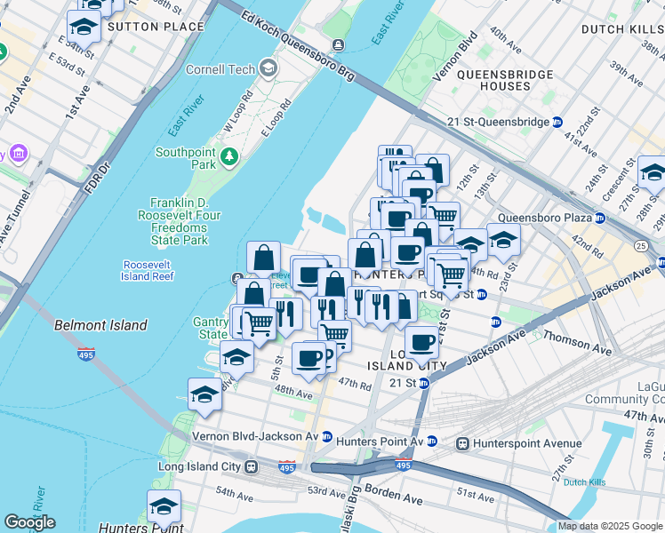 map of restaurants, bars, coffee shops, grocery stores, and more near 5-40 44th Drive in Queens
