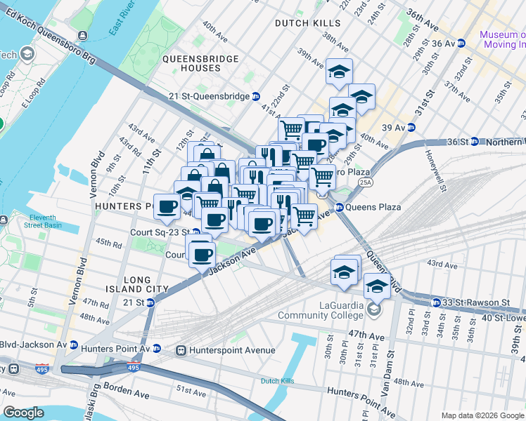 map of restaurants, bars, coffee shops, grocery stores, and more near 25-3 43rd Avenue in Queens