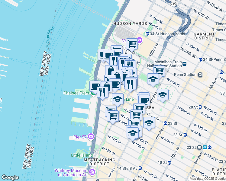 map of restaurants, bars, coffee shops, grocery stores, and more near 532 West 24th Street in New York