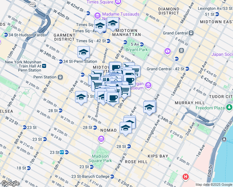 map of restaurants, bars, coffee shops, grocery stores, and more near in New York