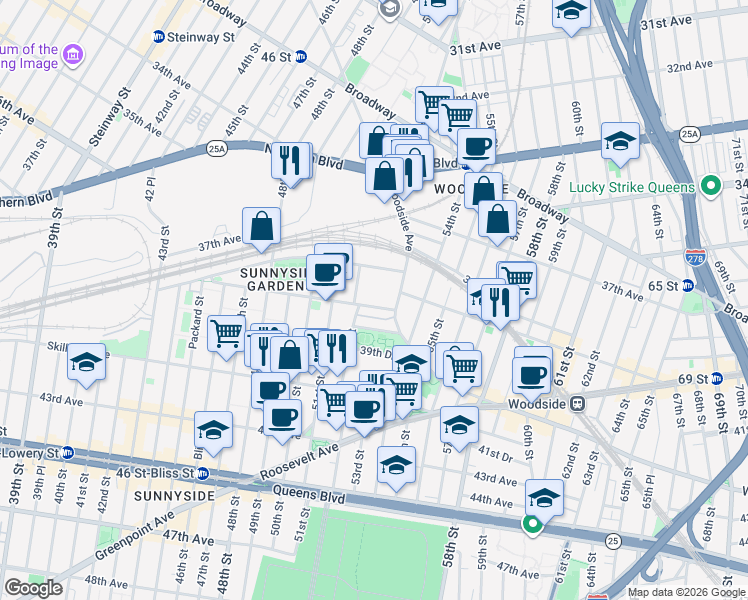 map of restaurants, bars, coffee shops, grocery stores, and more near 52-17 39th Avenue in Queens