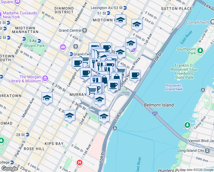 map of restaurants, bars, coffee shops, grocery stores, and more near in New York