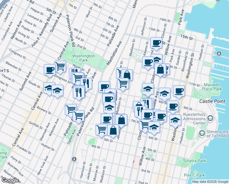 map of restaurants, bars, coffee shops, grocery stores, and more near 552 9th Street in Hoboken