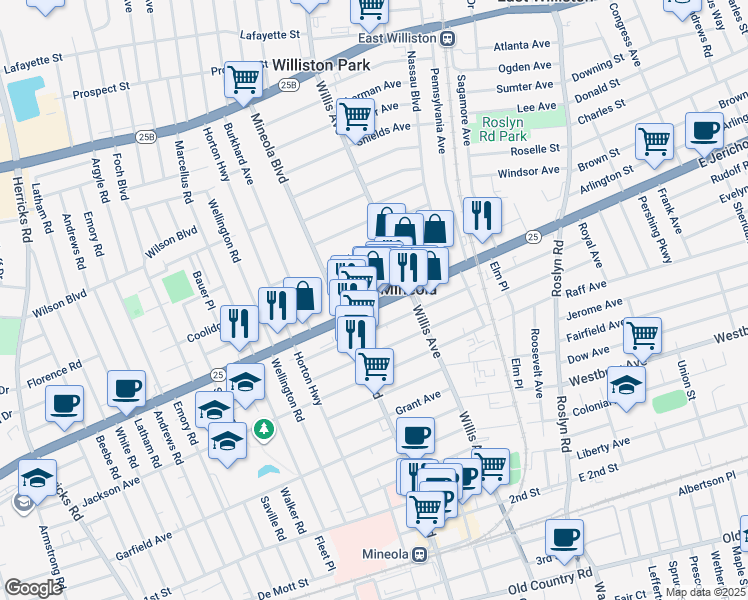 map of restaurants, bars, coffee shops, grocery stores, and more near 170 Jericho Turnpike in Mineola