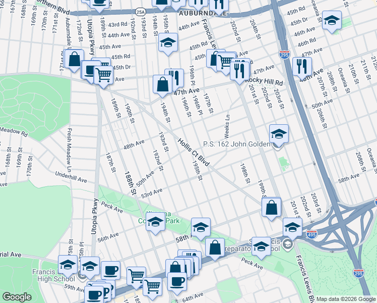 map of restaurants, bars, coffee shops, grocery stores, and more near 194-09 50th Avenue in Queens