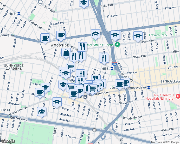 map of restaurants, bars, coffee shops, grocery stores, and more near 37-20 61st Street in Queens