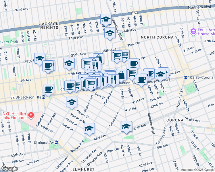 map of restaurants, bars, coffee shops, grocery stores, and more near 37-60 92nd Street in Queens