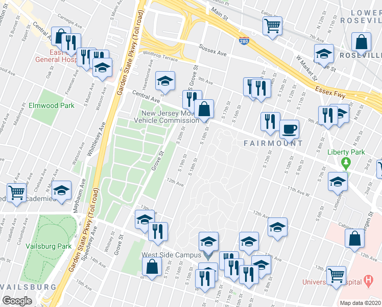 map of restaurants, bars, coffee shops, grocery stores, and more near 264 11th Avenue in Newark