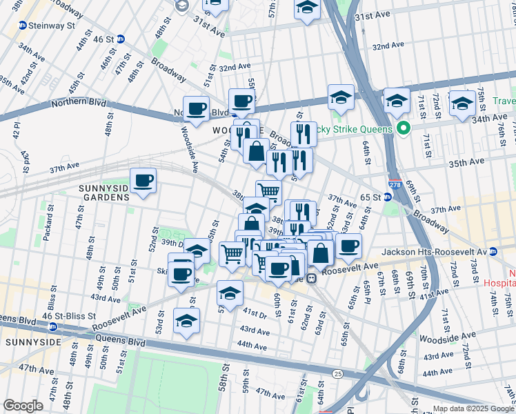 map of restaurants, bars, coffee shops, grocery stores, and more near 37-55 58th Street in Queens