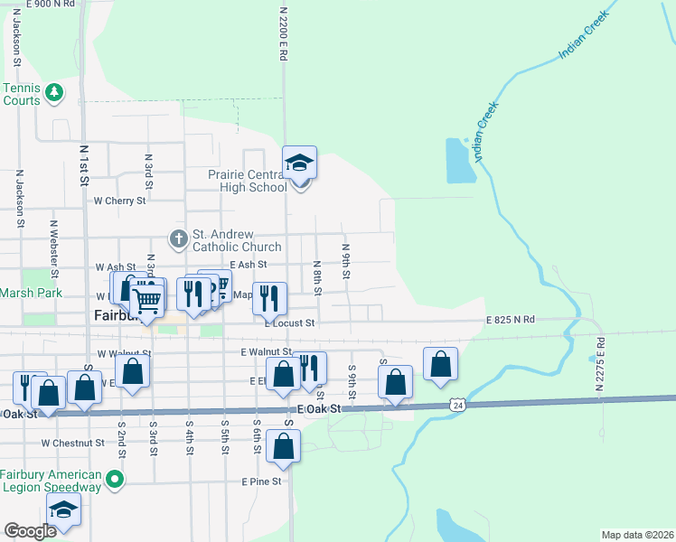 map of restaurants, bars, coffee shops, grocery stores, and more near 210 North 9th Street in Fairbury