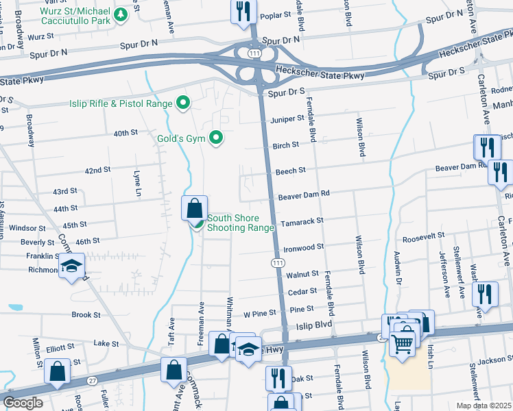map of restaurants, bars, coffee shops, grocery stores, and more near 8 Beaver Dam Road in Islip