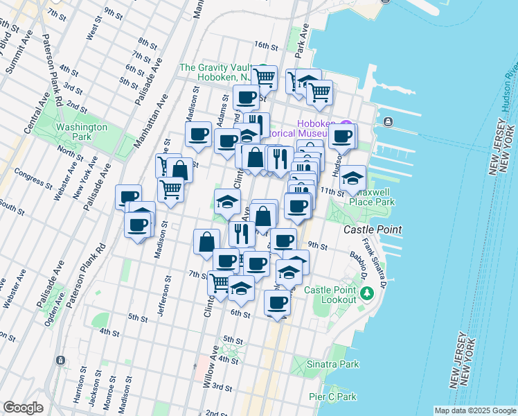 map of restaurants, bars, coffee shops, grocery stores, and more near 933 Willow Avenue in Hoboken