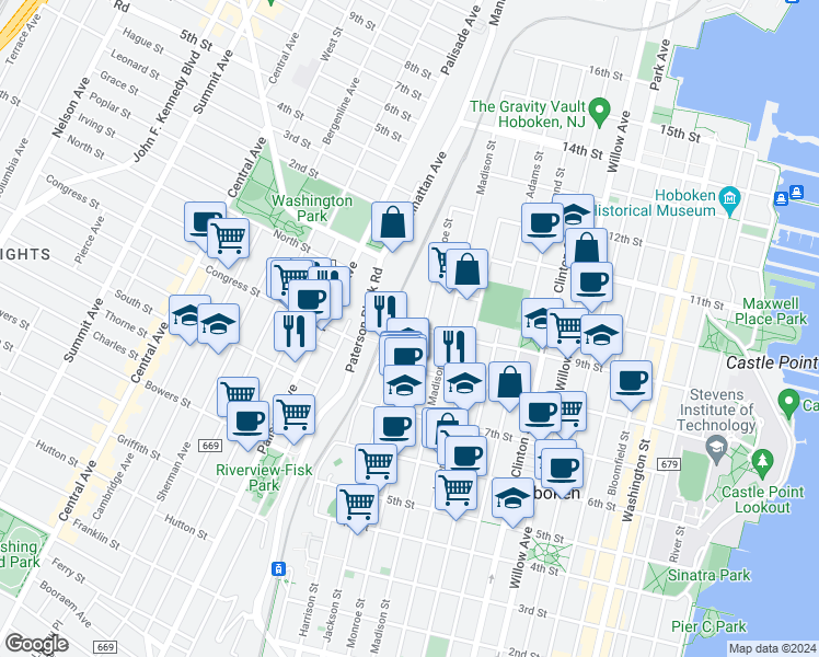 map of restaurants, bars, coffee shops, grocery stores, and more near 552 9th Street in Hoboken