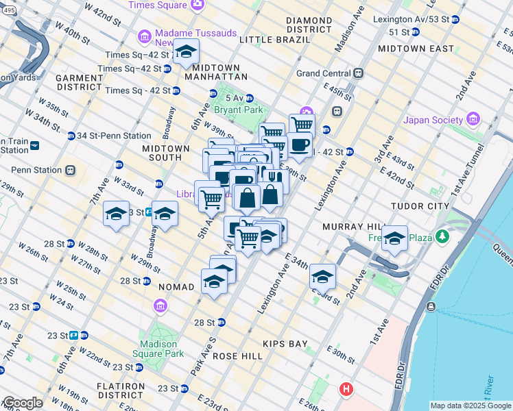 map of restaurants, bars, coffee shops, grocery stores, and more near 219 Madison Avenue in New York