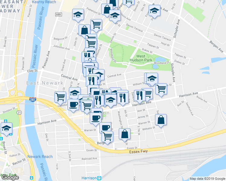 map of restaurants, bars, coffee shops, grocery stores, and more near 513 William Street in Harrison
