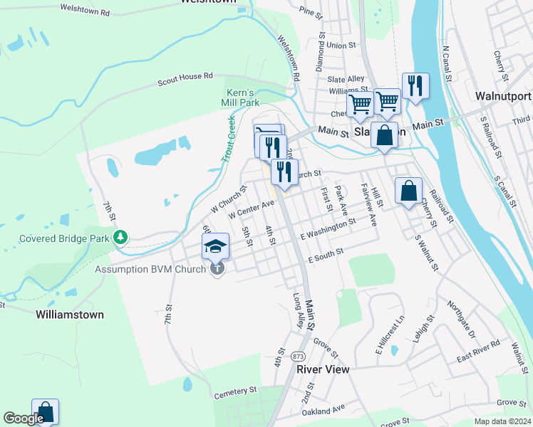 map of restaurants, bars, coffee shops, grocery stores, and more near 123 4th Street in Slatington