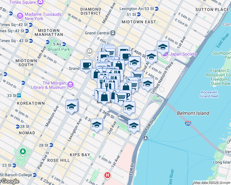map of restaurants, bars, coffee shops, grocery stores, and more near 605 3rd Avenue in New York