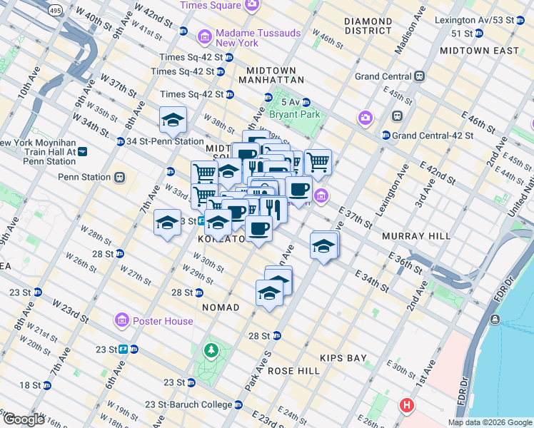map of restaurants, bars, coffee shops, grocery stores, and more near 362 5th Avenue in New York