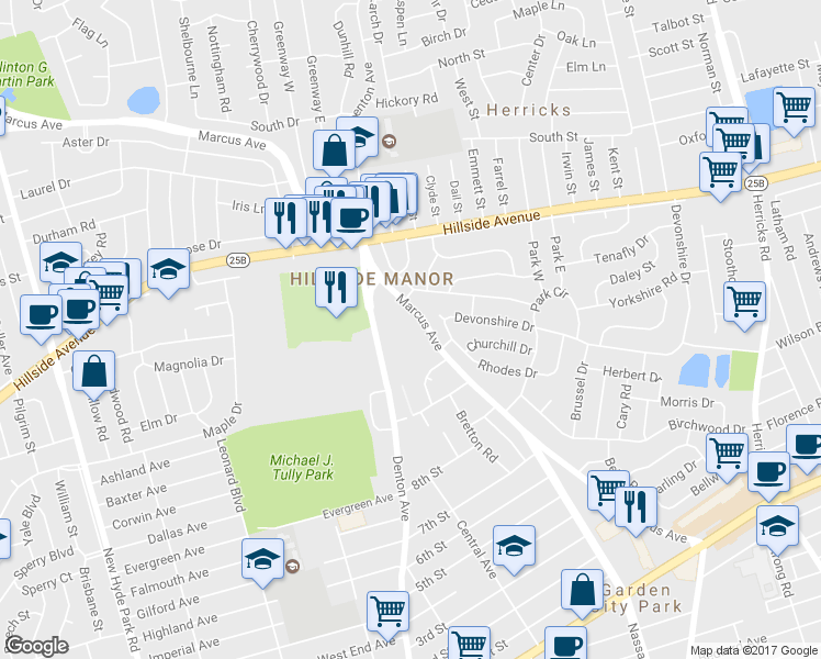 map of restaurants, bars, coffee shops, grocery stores, and more near 261 Marcus Avenue in New Hyde Park