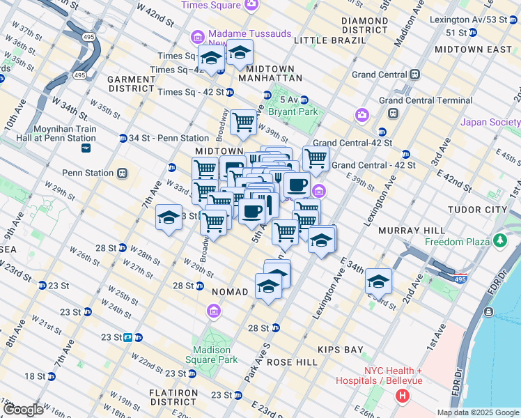 map of restaurants, bars, coffee shops, grocery stores, and more near 350 5th Avenue in New York