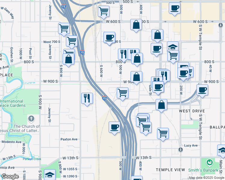 map of restaurants, bars, coffee shops, grocery stores, and more near 920 500 West in Salt Lake City