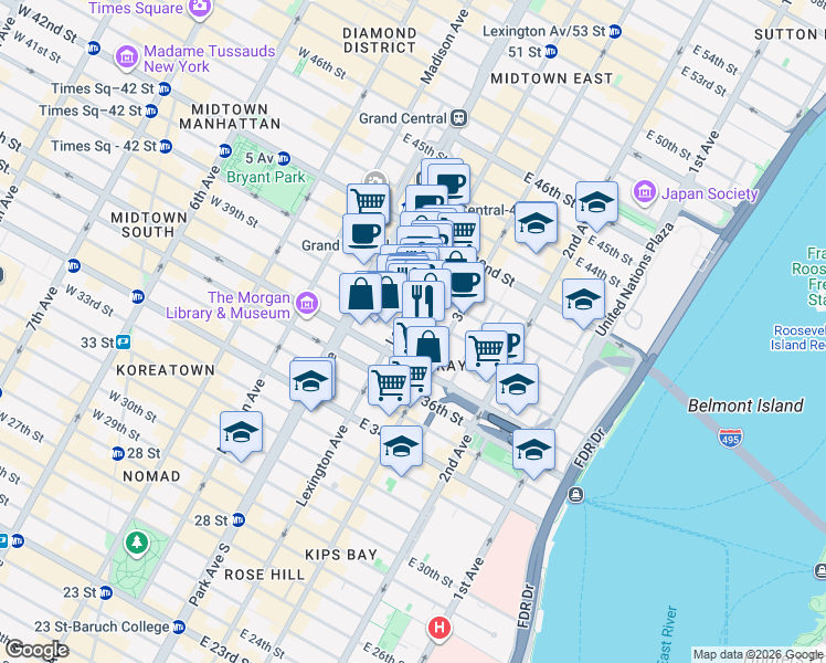 map of restaurants, bars, coffee shops, grocery stores, and more near 135 East 38th Street in New York
