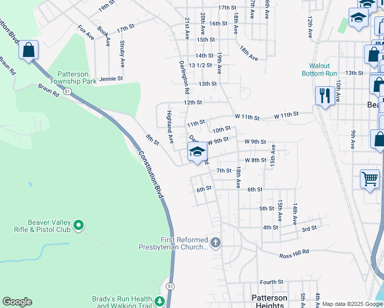 map of restaurants, bars, coffee shops, grocery stores, and more near 910 School Street in Beaver Falls