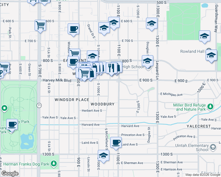 map of restaurants, bars, coffee shops, grocery stores, and more near 935 McClelland Street in Salt Lake City