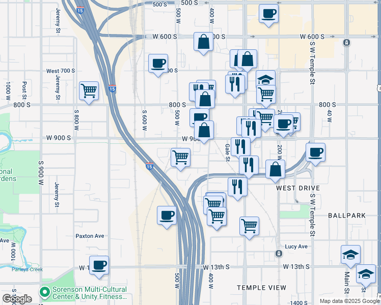 map of restaurants, bars, coffee shops, grocery stores, and more near 936 Rio Grande Street in Salt Lake City