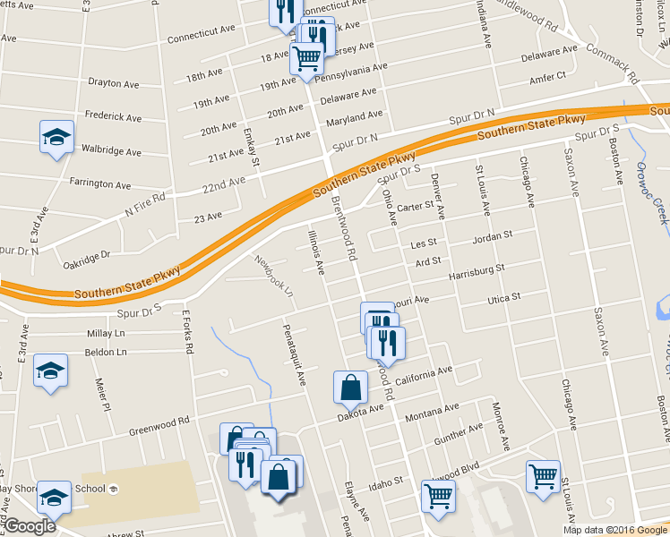 map of restaurants, bars, coffee shops, grocery stores, and more near 29 Florida Avenue in Bay Shore