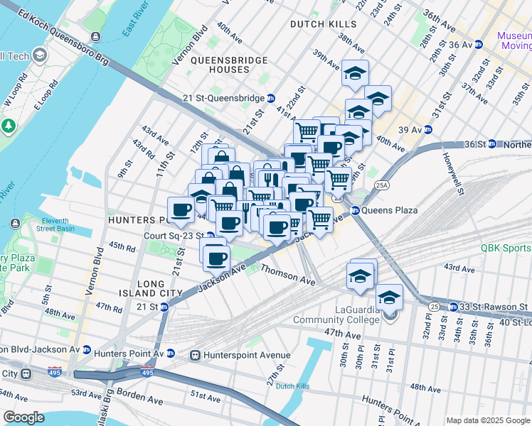 map of restaurants, bars, coffee shops, grocery stores, and more near 43-6 Crescent Street in Queens
