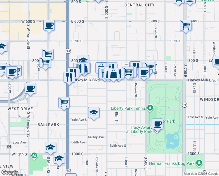 map of restaurants, bars, coffee shops, grocery stores, and more near 931 South 300 East in Salt Lake City