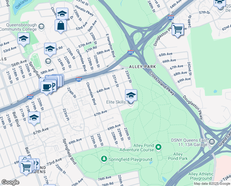 map of restaurants, bars, coffee shops, grocery stores, and more near 67-14 230th Street in Queens