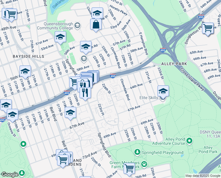 map of restaurants, bars, coffee shops, grocery stores, and more near 224-33 64th Avenue in Queens