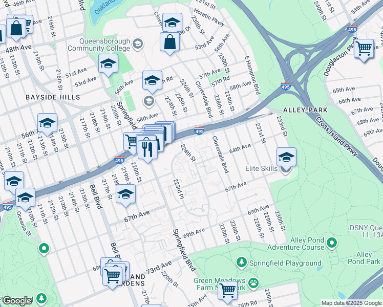 map of restaurants, bars, coffee shops, grocery stores, and more near 6119 223rd Place in Queens