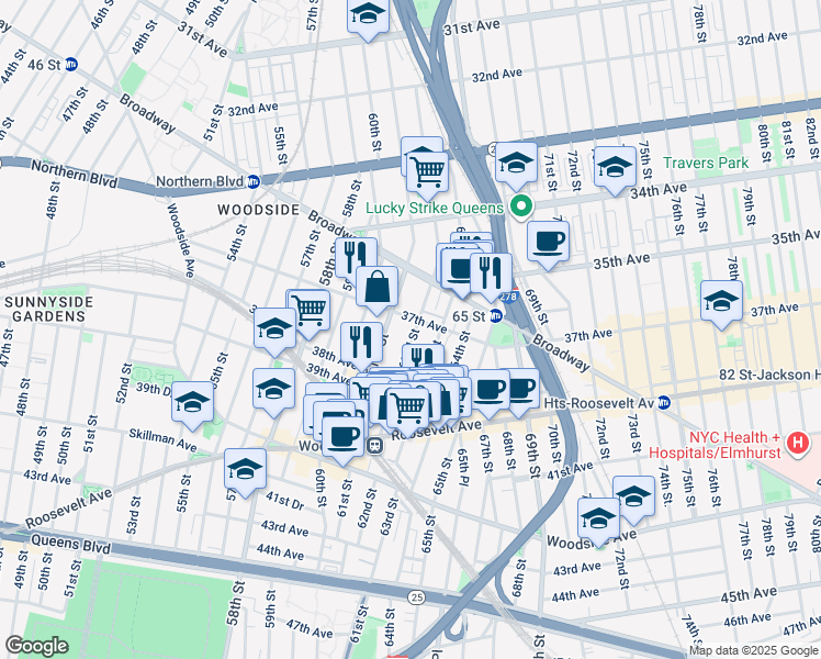 map of restaurants, bars, coffee shops, grocery stores, and more near 37-3 62nd Street in Queens