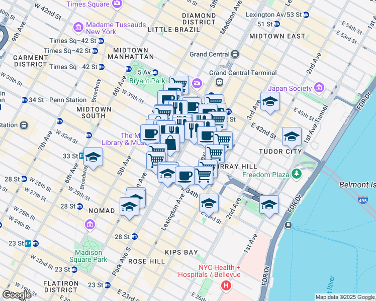 map of restaurants, bars, coffee shops, grocery stores, and more near in New York