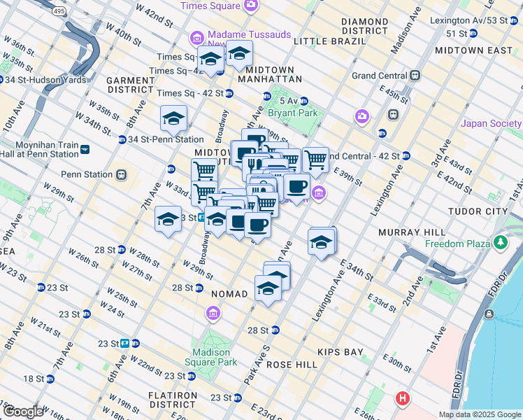 map of restaurants, bars, coffee shops, grocery stores, and more near 350 5th Avenue in New York
