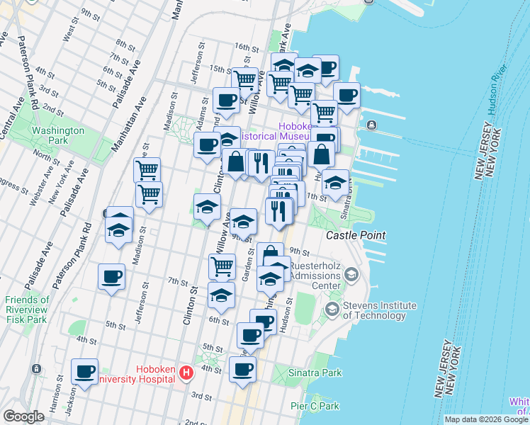 map of restaurants, bars, coffee shops, grocery stores, and more near 1000 Garden Street in Hoboken