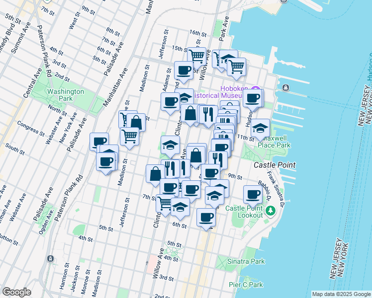map of restaurants, bars, coffee shops, grocery stores, and more near 933 Willow Avenue in Hoboken