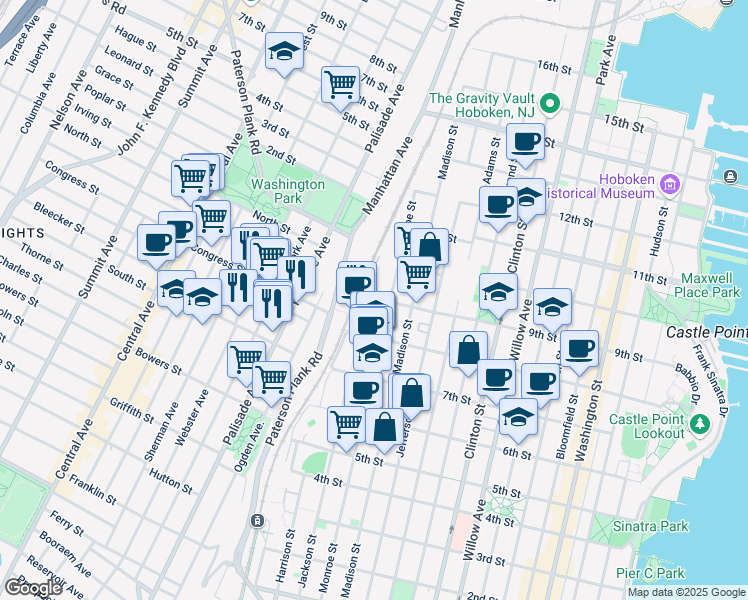 map of restaurants, bars, coffee shops, grocery stores, and more near 800 Jackson Street in Hoboken
