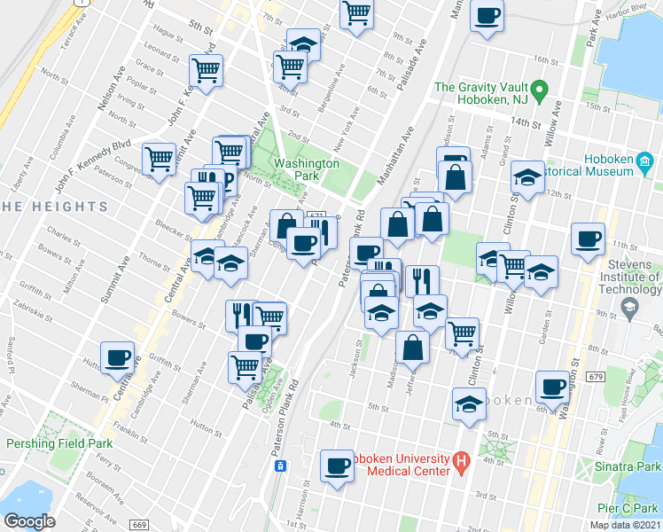 map of restaurants, bars, coffee shops, grocery stores, and more near 288 Paterson Plank Road in Jersey City