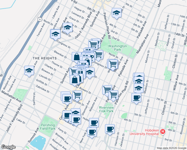 map of restaurants, bars, coffee shops, grocery stores, and more near 96 South Street in Jersey City