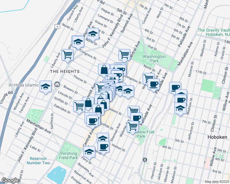 map of restaurants, bars, coffee shops, grocery stores, and more near 419 Central Avenue in Jersey City