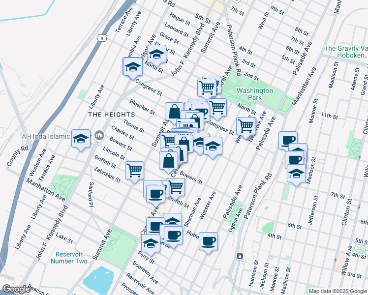map of restaurants, bars, coffee shops, grocery stores, and more near 419 Central Avenue in Jersey City